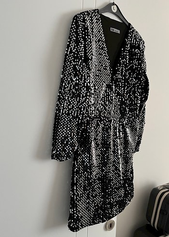 Parlak Payetli V Yakalı Mini Elbise - Görsel 2