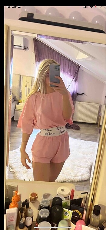 Pembe pijama takımı şortlu