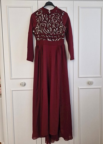 Bordo İşlemeli Uzun Abiye Elbise - Görsel 2