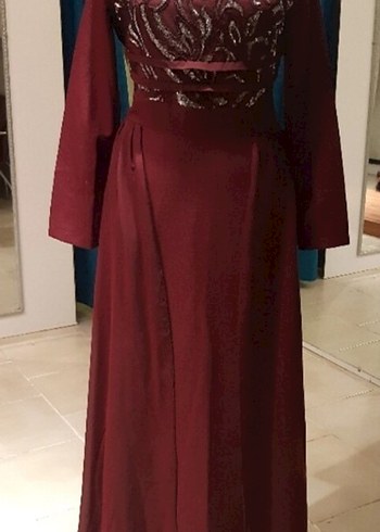 Bordo İşlemeli Uzun Abiye Elbise - Görsel 4