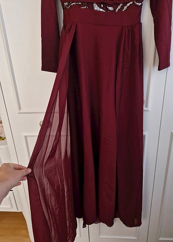 Bordo İşlemeli Uzun Abiye Elbise - Görsel 3