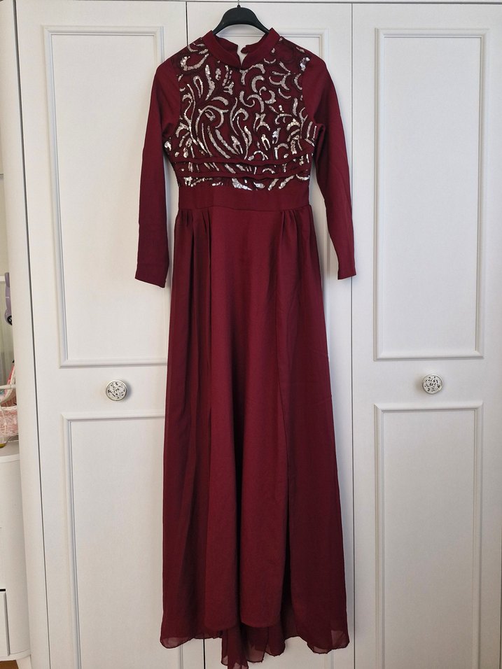 Bordo İşlemeli Uzun Abiye Elbise - Görsel 2