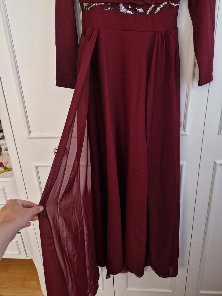 Bordo İşlemeli Uzun Abiye Elbise - Görsel 3