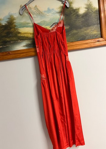 Kırmızı İp Askılı Uzun Vintage Gecelik - Görsel 2
