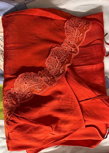 Kırmızı İp Askılı Uzun Vintage Gecelik - Görsel 3