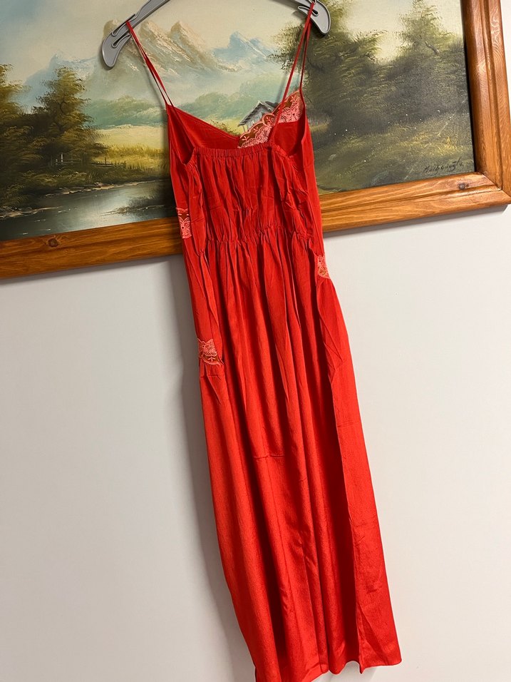 Kırmızı İp Askılı Uzun Vintage Gecelik - Görsel 2