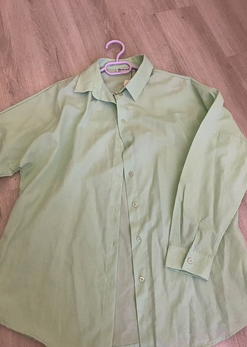 Pastel Haki açık yeşil oversize gömlek etiketli - Görsel 2