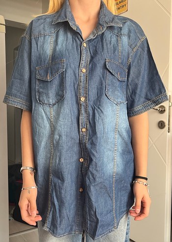 Düğmeli Mavi Denim Gömlek Elbise