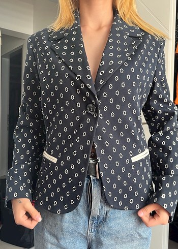 Kadın Lacivert Puantiyeli Denim Blazer Ceket