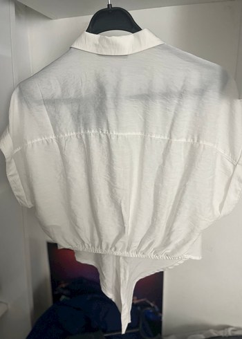 Beyaz Kısa Kollu Korse Görünümlü Keten Gömlek - Görsel 2