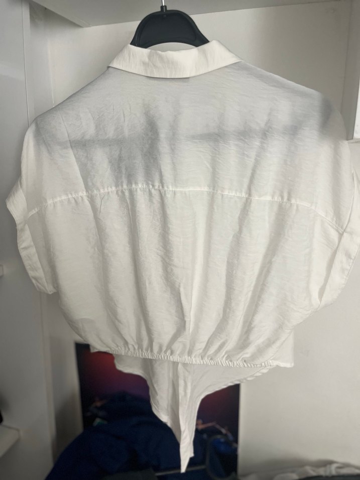 Beyaz Kısa Kollu Korse Görünümlü Keten Gömlek - Görsel 2