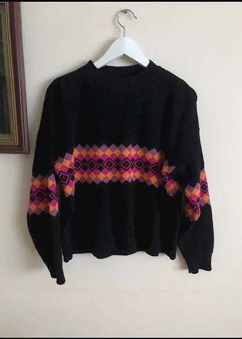 Bohem Siyah Desenli Örgü Kadın Kazak vintage retrobird chic