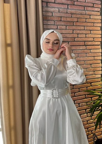 Beyaz Uzun Kollu Drapeli Abiye Elbise sıfır ürün - Görsel 2