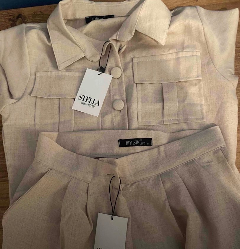 Bej Keten Mini Kadın Takım sıfır ürün hiç giylmedi - Görsel 2