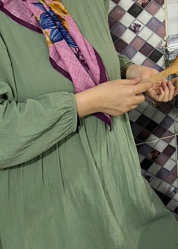l Beden haki Renk Uzun Kollu Keten Haki Uzun Elbise