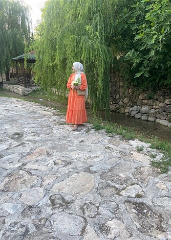 Turuncu Etnik Desenli Uzun Bohem Elbise