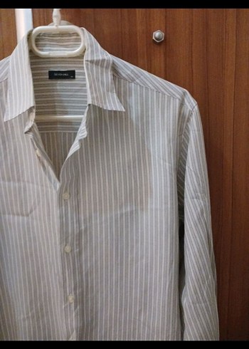 Bej Çizgili Erkek Keten Gömlek - Görsel 2