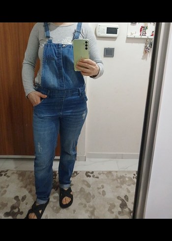 Gri Denim Kadın Uzun Tulum - Görsel 2