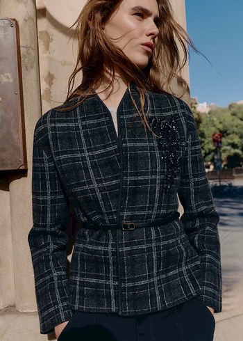 Gri Ekose Düğmeli Kadın Ceket - Görsel 2