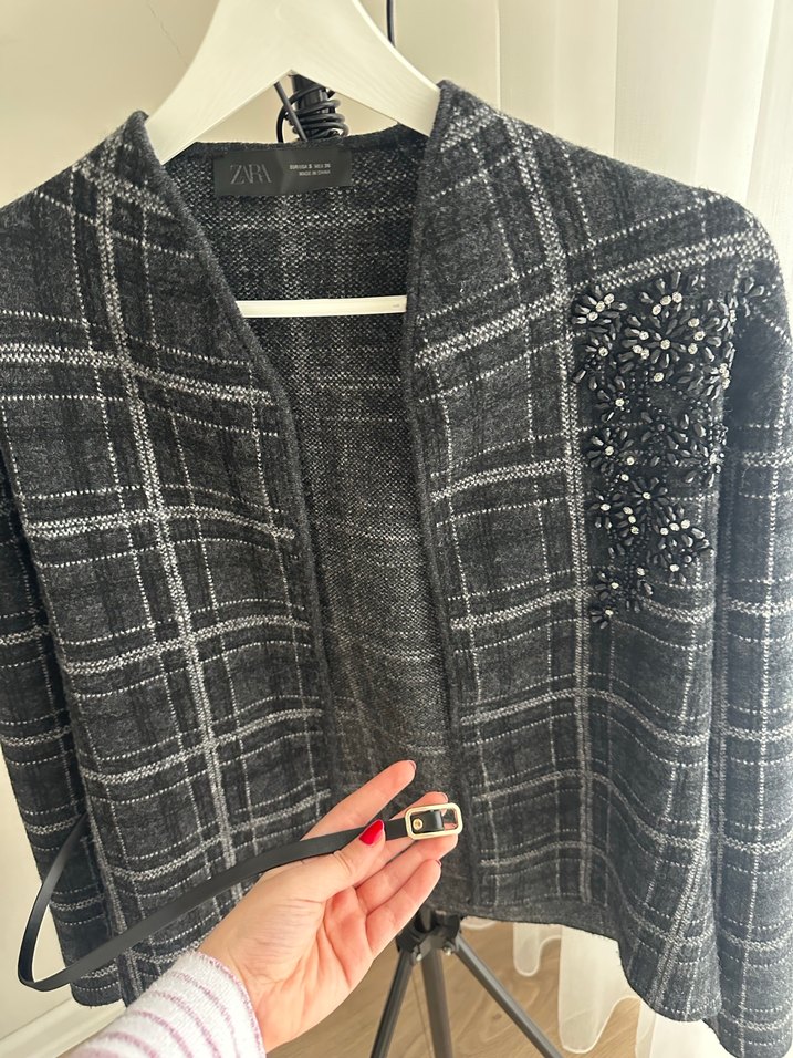 Gri Ekose Düğmeli Kadın Ceket - Görsel 4