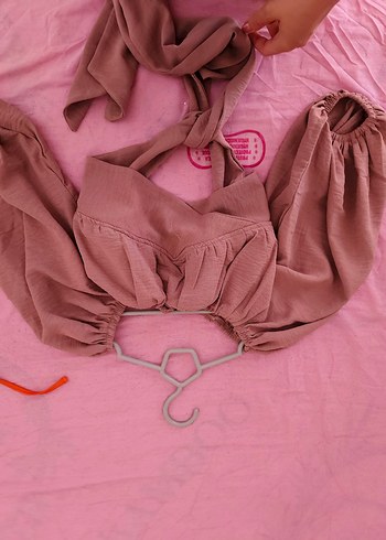 Zara Pudra Renk Bohem Straplez Bluz