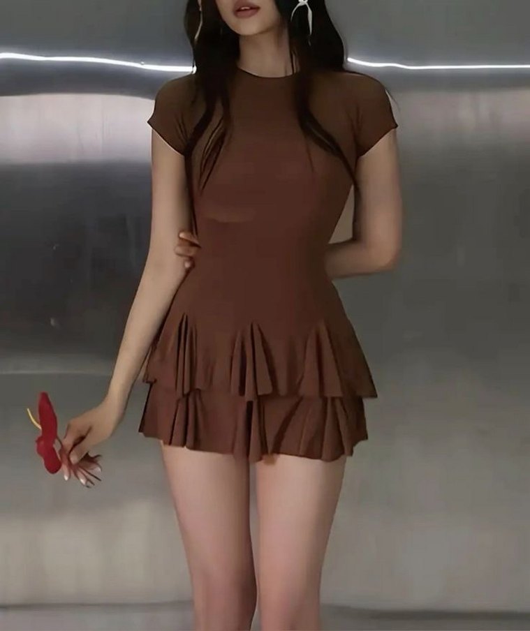 Kahverengi Mini Volanlı Kadın Elbise - Görsel 2