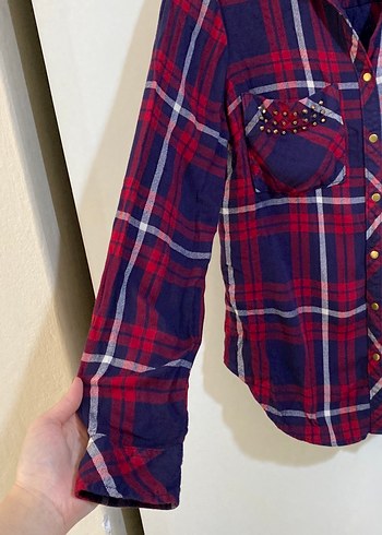 Stradivarius Bordo Ekose Desenli Kadın fit Gömlek - Görsel 3