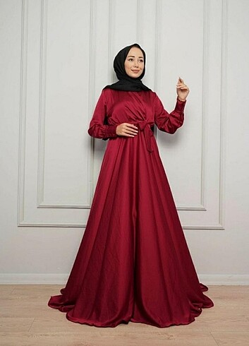 Bordo saten tesettür abiye