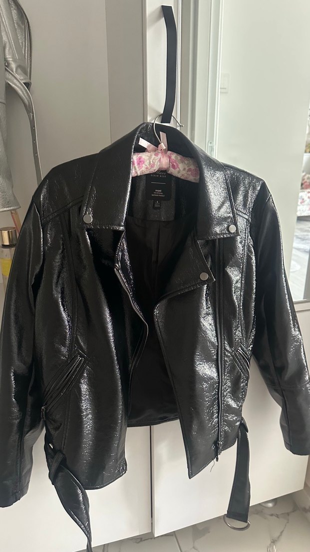 Kadın Siyah Parlak Deri Biker Ceket - Görsel 2