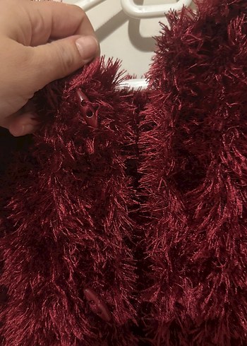 Bordo Kadın Suni Kürk Uzun Kollu Hırka el örgüsü - Görsel 2
