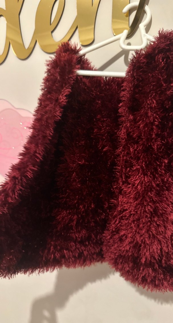 Bordo Kadın Suni Kürk Uzun Kollu Hırka el örgüsü - Görsel 3