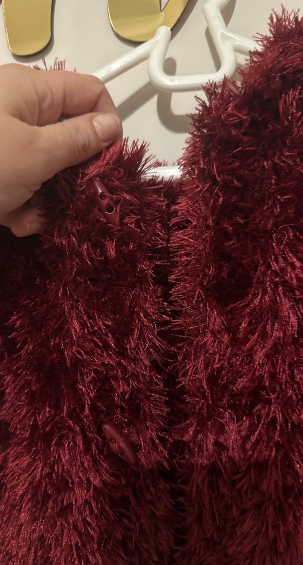 Bordo Kadın Suni Kürk Uzun Kollu Hırka el örgüsü - Görsel 2