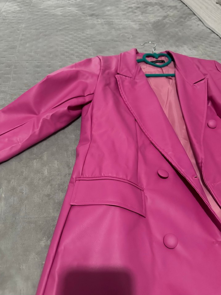 Düğmeli Pembe Deri Kadın Blazer hiç kullanılmadı - Görsel 5
