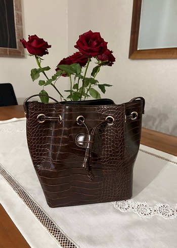 Kahverengi Deri Yılan Desenli Kadın Çanta - Görsel 6