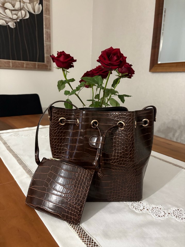 Kahverengi Deri Yılan Desenli Kadın Çanta - Görsel 5