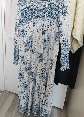 Bohem Uzun Kollu Pamuklu V Yaka Elbise - Görsel 4