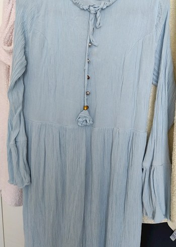 Mavi Uzun Kollu Bohem Keten Elbise - Görsel 3