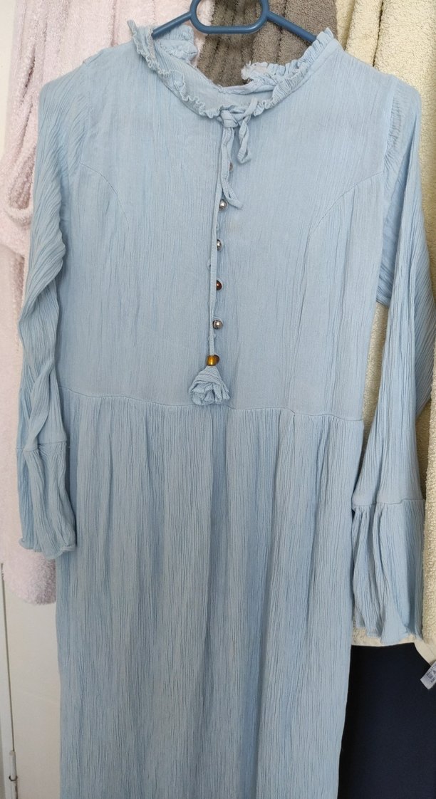 Mavi Uzun Kollu Bohem Keten Elbise - Görsel 3