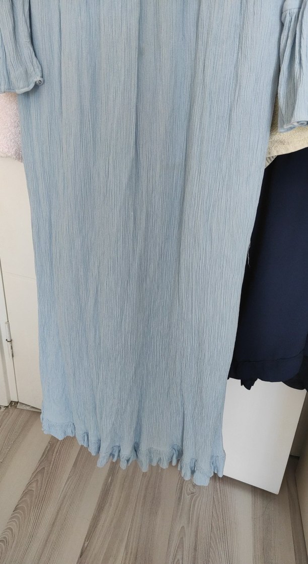 Mavi Uzun Kollu Bohem Keten Elbise - Görsel 2