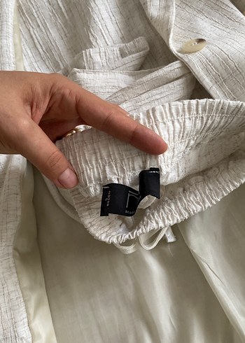 Kadın Keten Düğmeli Beyaz Blazer Ceket takım - Görsel 4