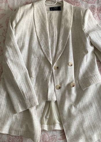 Kadın Keten Düğmeli Beyaz Blazer Ceket takım - Görsel 2