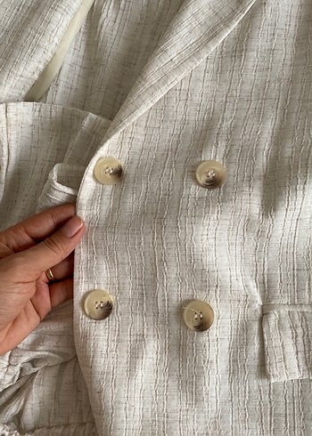 Kadın Keten Düğmeli Beyaz Blazer Ceket takım - Görsel 5