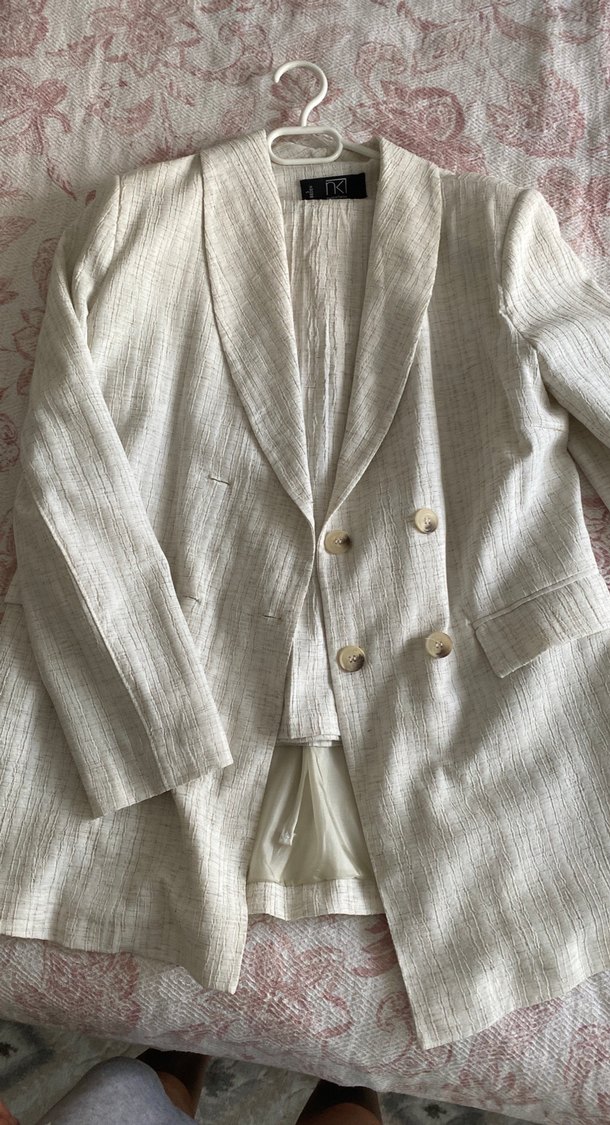 Kadın Keten Düğmeli Beyaz Blazer Ceket takım - Görsel 2