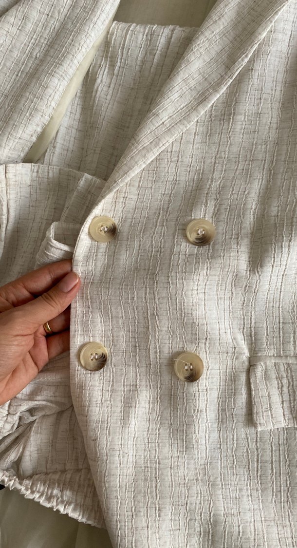 Kadın Keten Düğmeli Beyaz Blazer Ceket takım - Görsel 5