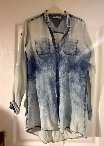Gri Mavi Batik Desenli Uzun Kollu Denim Gömlek