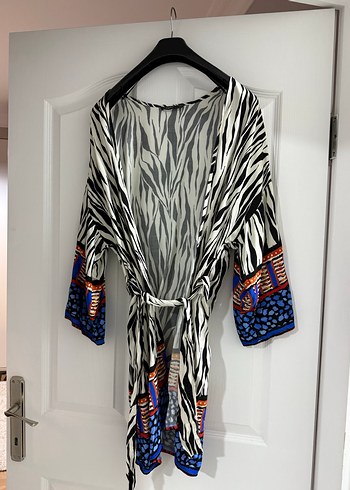 Bohem Zebra Desenli Uzun Kollu Kadın Kimono - Görsel 2