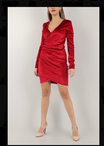 Uzun Kollu Kırmızı Elbise s-m beden etiketli - Görsel 2