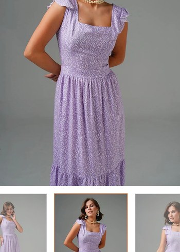 Mor V Yaka Fırfırlı Midi Elbise L beden elbise etiketli - Görsel 6