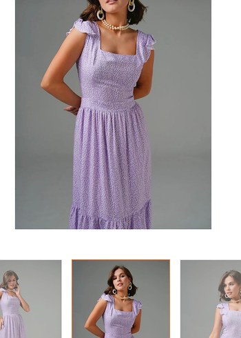 Mor V Yaka Fırfırlı Midi Elbise L beden elbise etiketli - Görsel 5