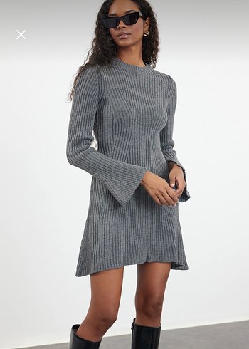 Gri Triko Midi Elbise - Görsel 2